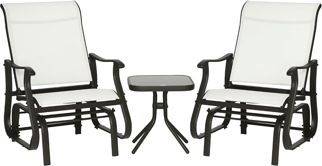 Outsunny 3-Piece Outdoor Gliders Set, Bistro Table and Chairs with Steel Frame, Tempered Glass Top Table for Patio, Garden, Backyard, Lawn, Cream White