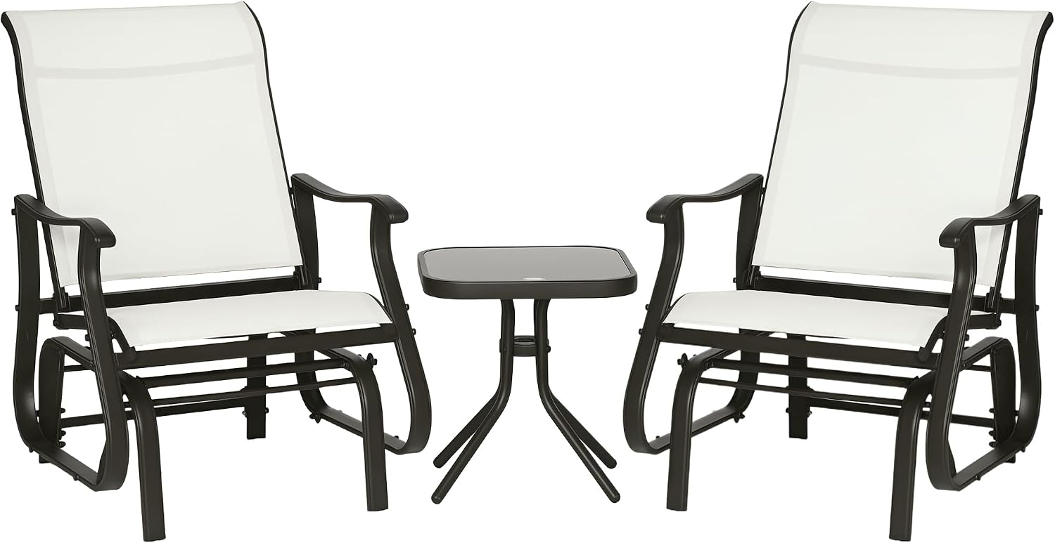 Outsunny 3-Piece Outdoor Gliders Set, Bistro Table and Chairs with Steel Frame, Tempered Glass Top Table for Patio, Garden, Backyard, Lawn, Cream White
