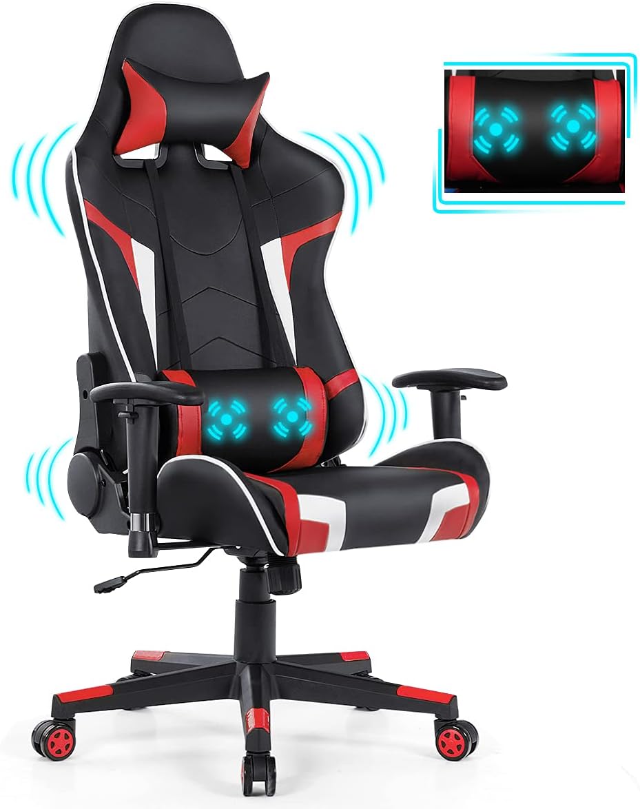 GYMAX Gaming Chair, Massage Gaming Chairs for Adults with Headrest, Lumbar Support & Armrest, Video Computer Reclining Gaming Chair, Office Desk Gamer Task Chair (Red)
