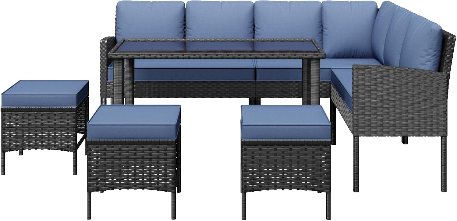 7-Piece Patio Furniture Set, All-Weather Wicker Sectional Sofa with Seat & Back Cushions, Long Glass Coffee Table, Outdoor Rattan Conversation Set for Garden, Porch, Lawn, Blue