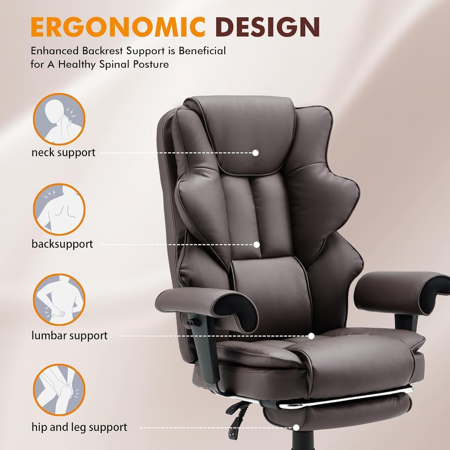 HOMREST 6-Point Massage Executive Chair,Heat Office Chair,Ergonomic Home Office Desk Chairs with Retractable Footrest and Reclining Function,Leather Computer Chair with Adjustable Armrest(‌Brown)