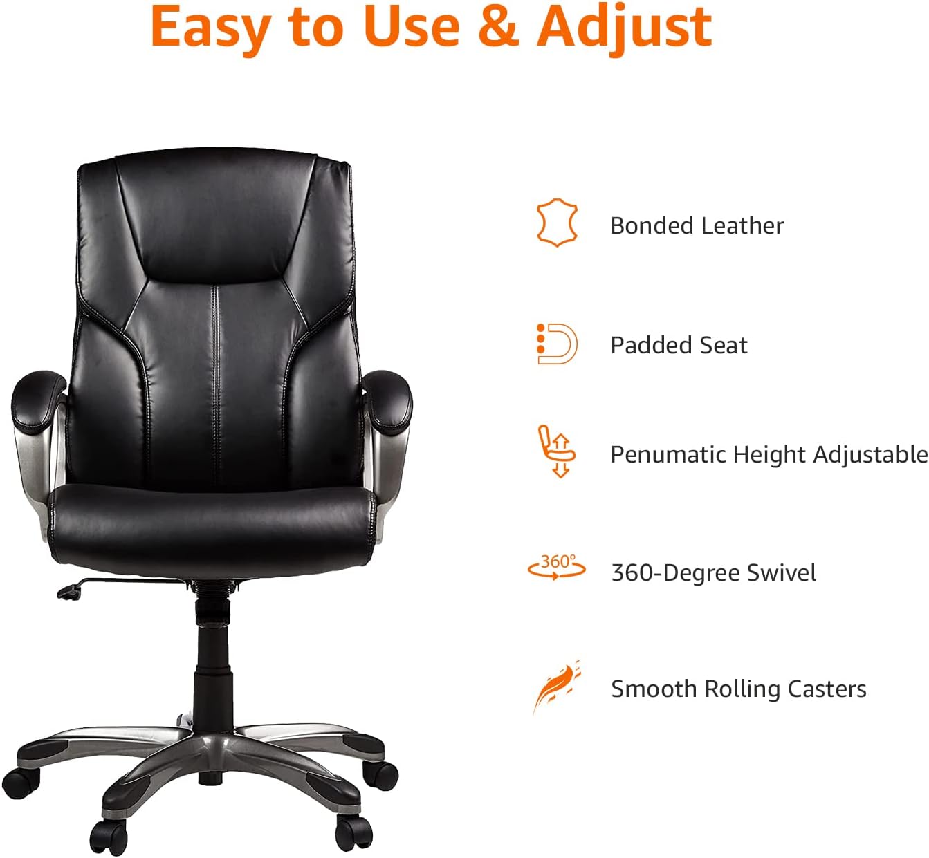 Amazon Basics Executive High Back Office Chair, Adjustable Height, Tilt, Swivel, Padded Seat, Bonded Leather, Wheels, Black/Silver