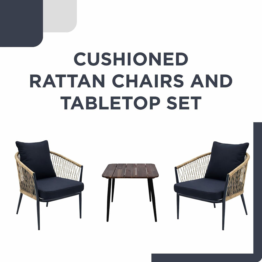 Alpine Corporation VTFAM166A 3-Piece Outdoor Patio Bistro Set – Wooden Accent Table & 2 Wicker Armchairs with Seat & Back Cushions – Modern Indoor/Outdoor Conversation Set, Natural & Black
