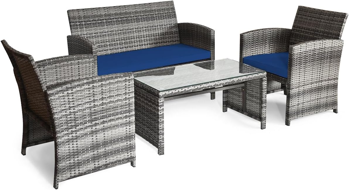 Giantex 4 Pc Patio Conversation Set, Rattan Loveseat & Patio Chairs with Cushioned Seat, Wicker Coffee Table, Outdoor Furniture Set for Front Porch Poolside Garden Lawn