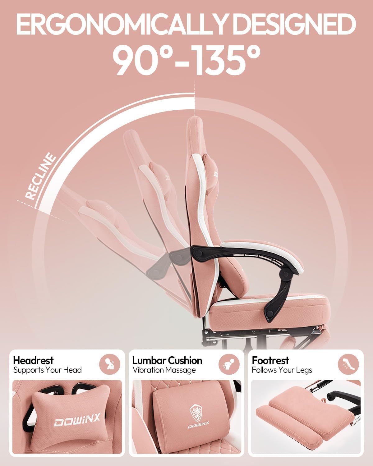 Dowinx Gaming Chair Breathable Fabric Game Chair with Gel Pad and Storage Bag, Comfortable Gamer Chair with Pocket Spring Cushion, Ergonomic Computer Chair with Footrest, Pink and White