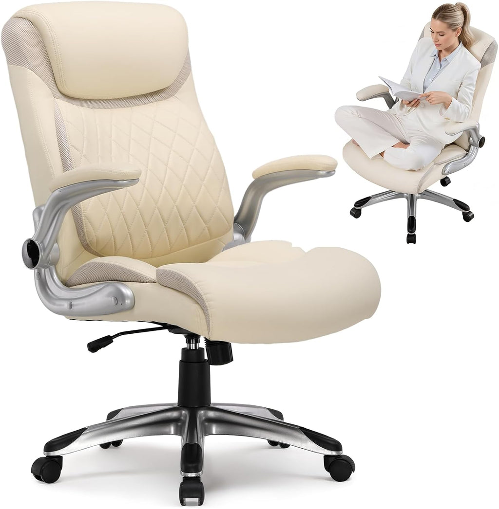 GTPLAYER Big and Tall High Back Office Chair 400LBS Wide Leather Executive Chair Height Adjustable Lumbar Support & Armrests, Comfy Desk Gaming Chairs Computer Swivel Chair, Cream