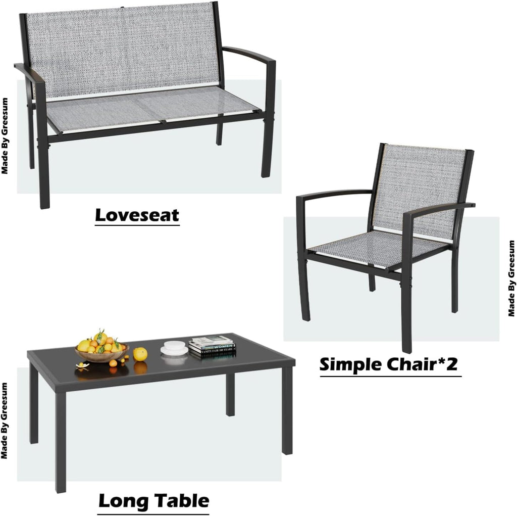 Greesum 4 Pieces Patio Furniture Set, Outdoor Conversation Sets for Patio, Lawn, Garden, Poolside with A Glass Coffee Table, Gray