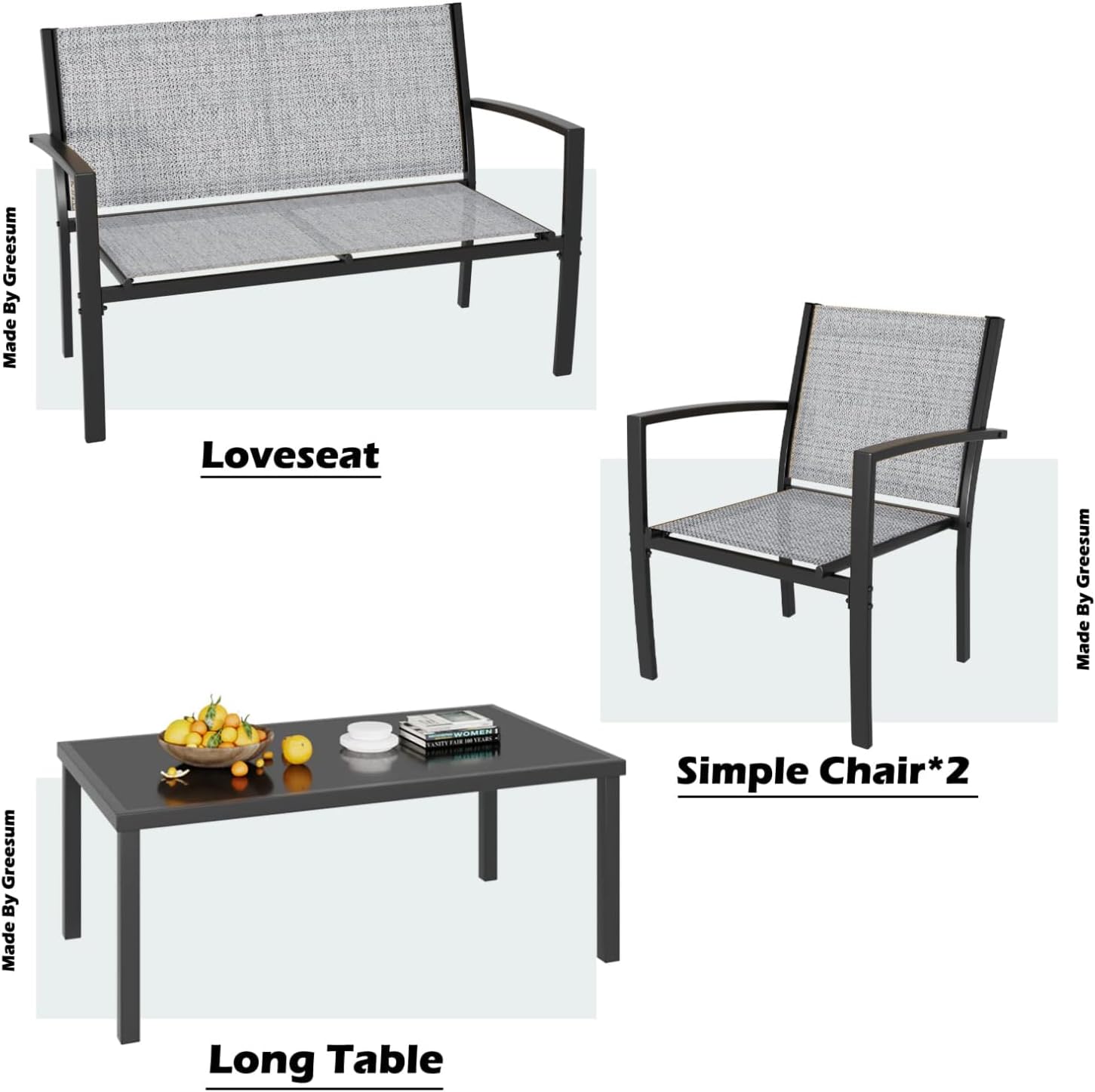 Greesum 4 Pieces Patio Furniture Set, Outdoor Conversation Sets for Patio, Lawn, Garden, Poolside with A Glass Coffee Table, Gray