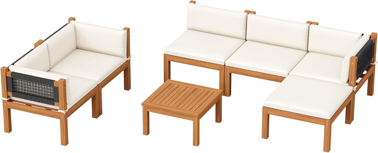 Devoko 7 Piece Acacia Wood Patio Sofa, Outdoor Sectional Coach and Love Seat with Coffee Table, Acacia Wood Patio Furniture Set for Balcony,Porch,Garden