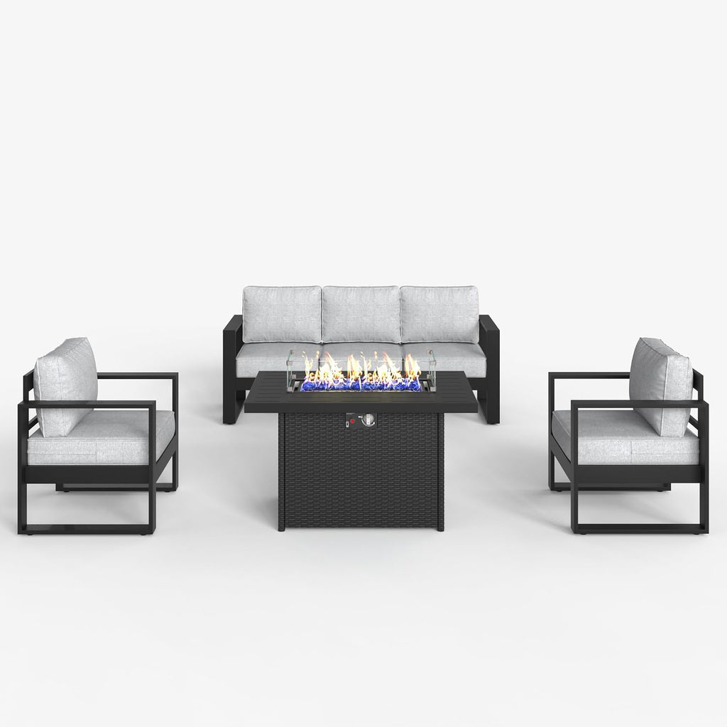 LayinSun 4 Pieces Aluminum Outdoor Patio Furniture Set, Metal Modern Conversation Sofa Set with Fire Pit Table and Washable Thick Cushions for Porch, Backyard, Deck