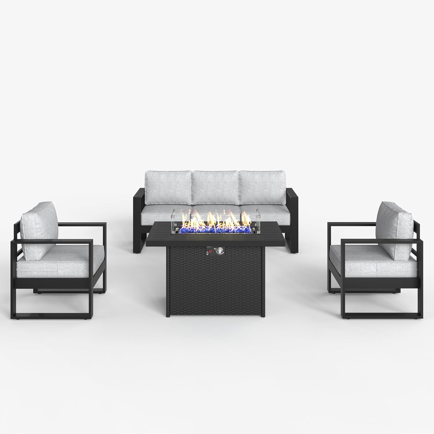 LayinSun 4 Pieces Aluminum Outdoor Patio Furniture Set, Metal Modern Conversation Sofa Set with Fire Pit Table and Washable Thick Cushions for Porch, Backyard, Deck