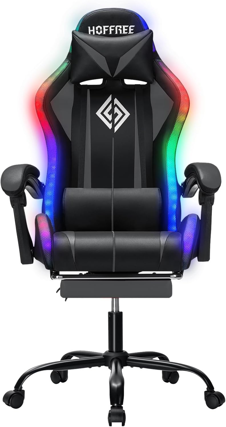 RGB Gaming Chair Massage with LED Lights and Ergonomic Computer Gaming Chair with Footrest High Back Video Game Chairs with Adjustable Lumbar Support Grey and Black