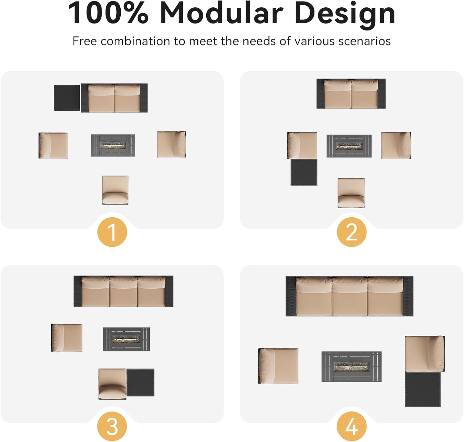 Aoxun Patio Furniture Set with 44'' Fire Pit Table, 7 Pcs Outdoor Patio Furniture Sets with 4in Thicken Cushion and Coffee Table, Widen Armrests Wicker Outdoor Sectional for Backyard & Garden, Beige