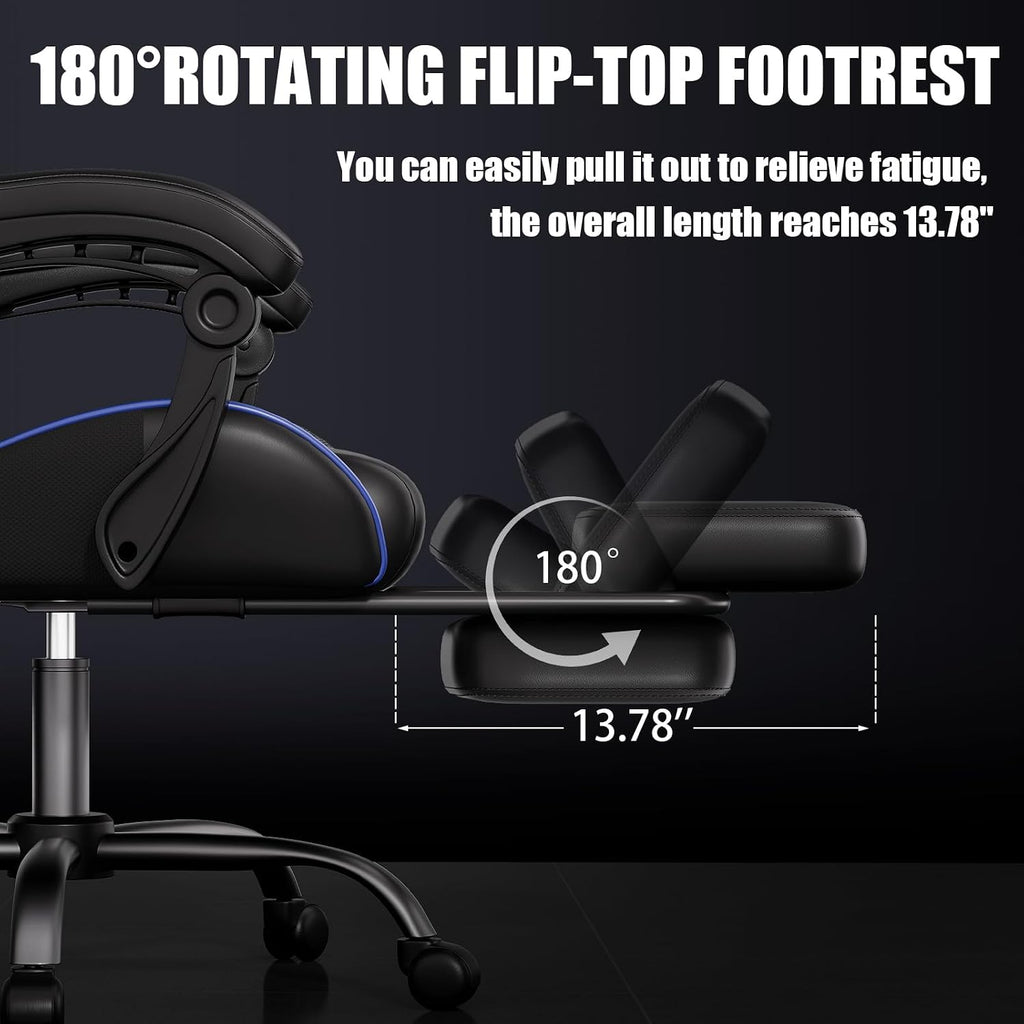 Czlolo Gaming Chair, Ergonomic Office Computer Chair with Footrest and Lumbar Support Massager Racing Style High Back Video Gamer Chair, Wide＆Thick Cushion, 90°-135° Recline, Adjustable Height, Blue