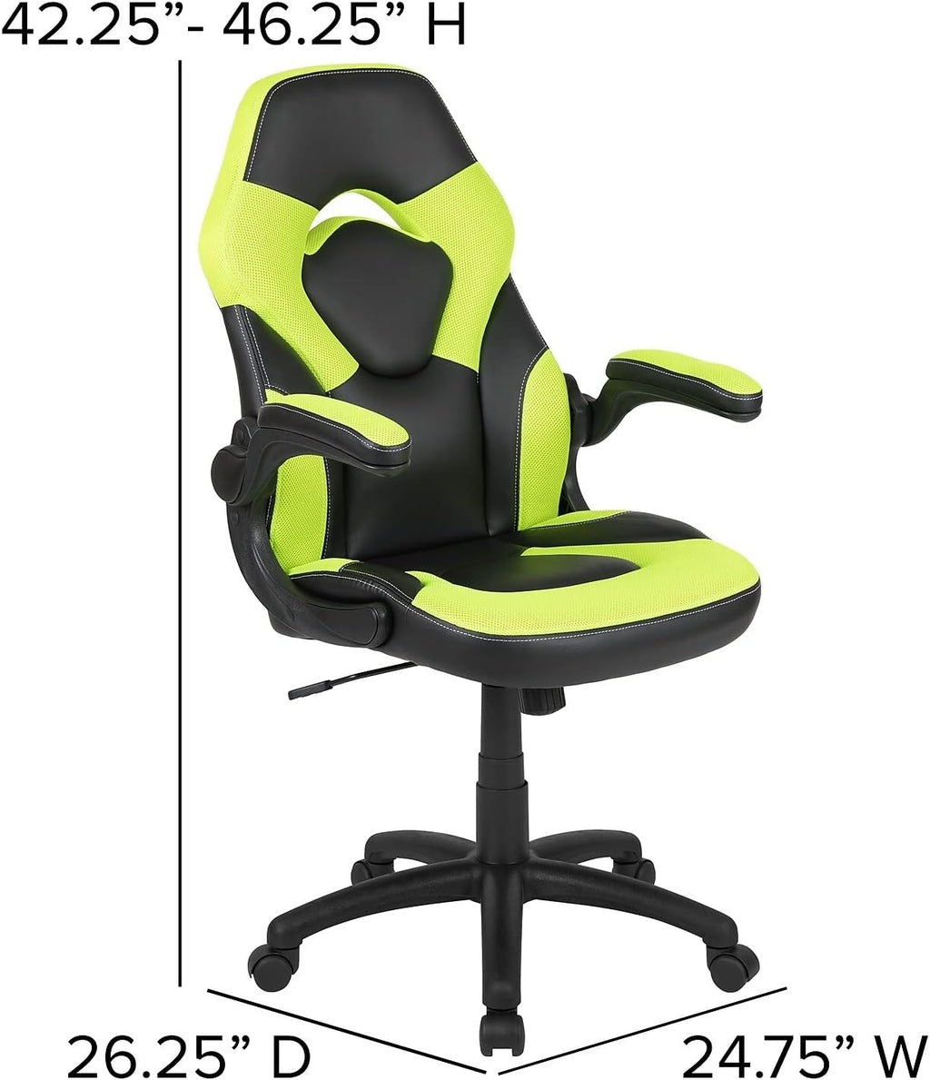 Flash Furniture X10 Gaming Chair Racing Office Ergonomic Computer PC Adjustable Swivel Chair with Flip-up Arms, Neon Green/Black LeatherSoft