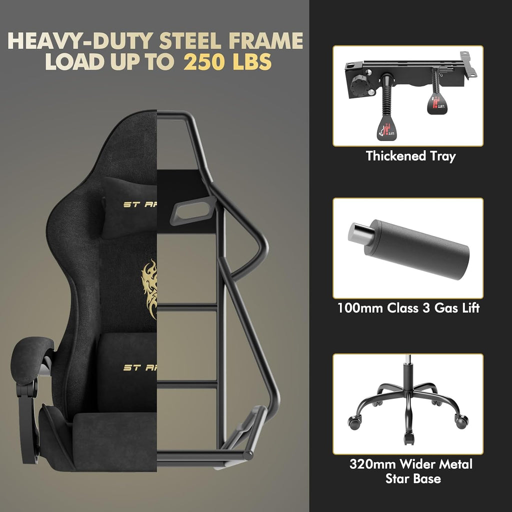 Huracan Velvet Fabric Racing Gaming Chair for Adults - Ergonomic Gamer Chair with Massage Lumbar, Footrest & Spring Cushion | Home Office/Video Game Chair, Black