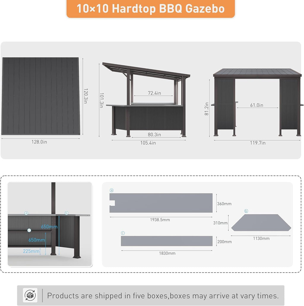 Kullavik 10' x 10' Hardtop Grill Gazebo Canopy, Outdoor Galvanized Steel BBQ Lean to Gazebo with 2 Side Shelves for Barbecue and Picnic, Metal Grill Tent for Patios, Gardens, Lawns