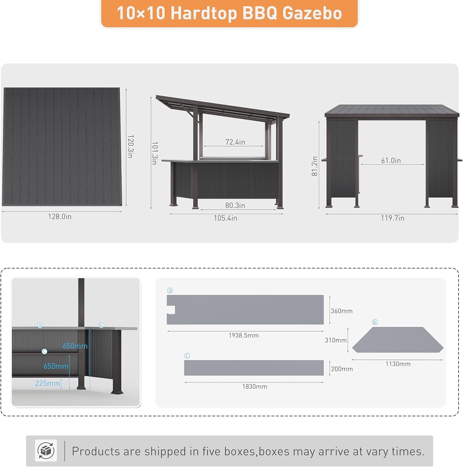 Kullavik 10' x 10' Hardtop Grill Gazebo Canopy, Outdoor Galvanized Steel BBQ Lean to Gazebo with 2 Side Shelves for Barbecue and Picnic, Metal Grill Tent for Patios, Gardens, Lawns