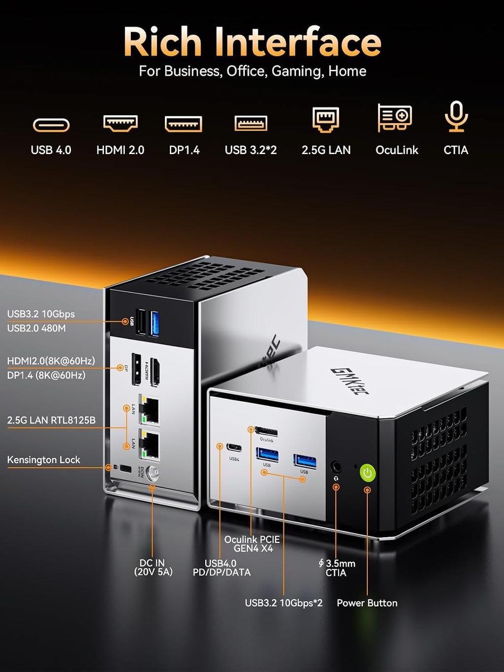 GMKtec Mini PC AMD Ryzen 5 PRO 6650H (Turbo 4.50GHz) 16GB DDR5 1TB NVME SSD Dual NIC LAN 2.5GbE Oculink, USB4, HDMI, USB-C Desktop Computer M8