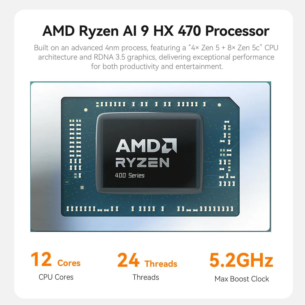 Beelink SER10 MAX Mini PC, AMD Ryzen AI 9 HX 470(4nm, 12C/24T) up to 5.2GHz, Mini Computer 64GB DDR5 RAM 1TB M.2 NVME SSD, Desktop PC 4K@240Hz Triple Display/USB4/WiFi6/BT5.2/10Gbps/W-11 Pro