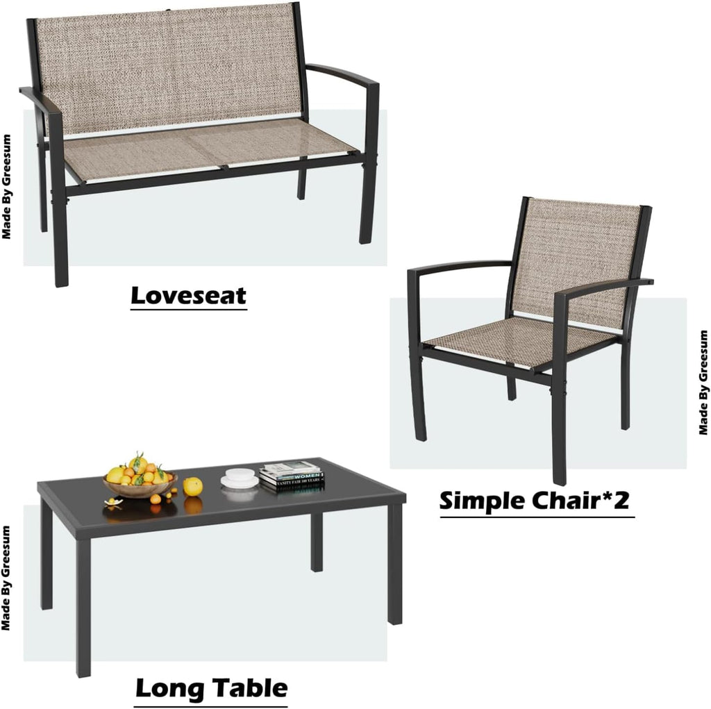 Greesum 4 Pieces Patio Furniture Set, Outdoor Conversation Sets for Patio, Lawn, Garden, Poolside with A Glass Coffee Table, Brown