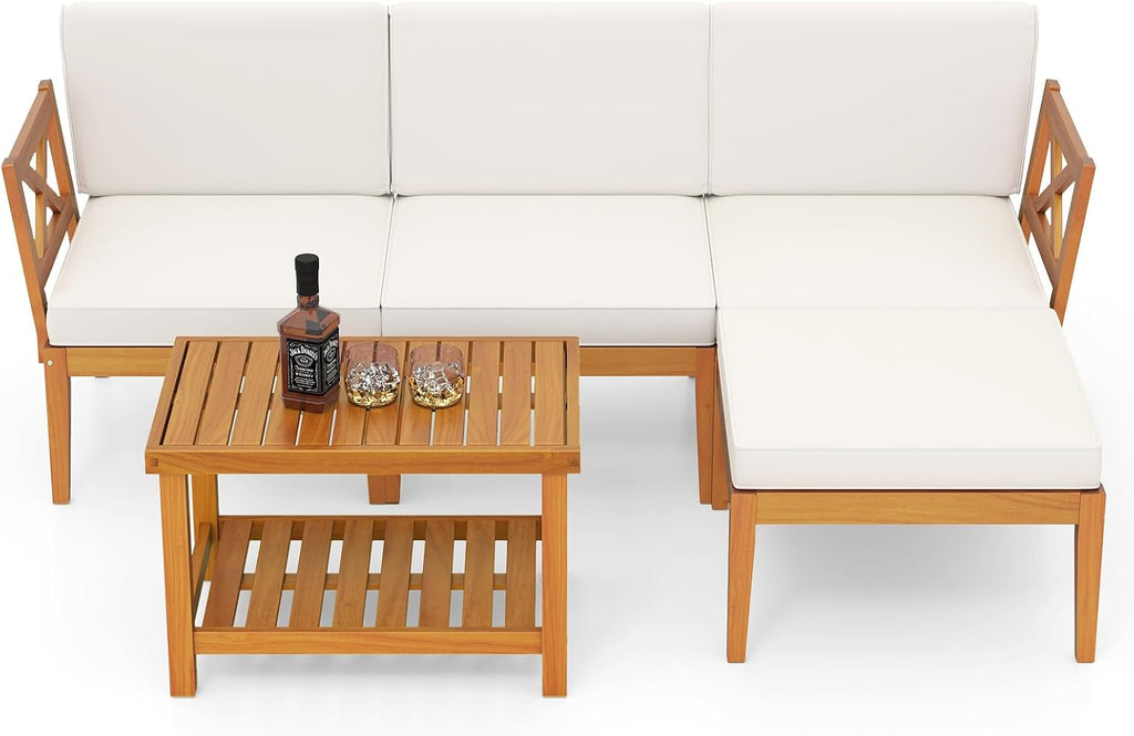 HAPPYGRILL 5 Pieces Acacia Wood Patio Furniture Set, Outdoor Sectional Couch with 2-Tier Coffee Table and Cushions, L Shaped Outdoor Conversation Set for Porch, Garden, Backyard