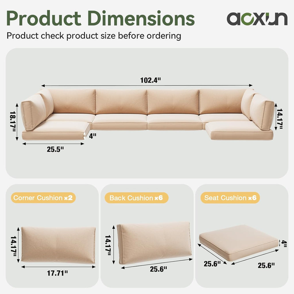 Aoxun Replacement Cushions for Outdoor Furniture, 14-Piece Outdoor Cushions for Patio Furniture, Deep Seat, Splash-Proof & Fade Resistant Couch Cushion for 6-Seat Patio Conversation Sets, Beige