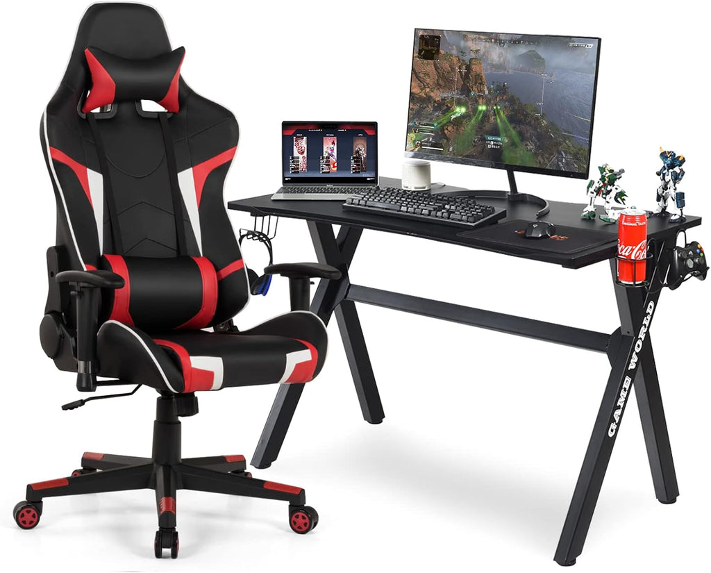GYMAX Gaming Chair, Massage Gaming Chairs for Adults with Headrest, Lumbar Support & Armrest, Video Computer Reclining Gaming Chair, Office Desk Gamer Task Chair (Red with Black X-Shape Desk)