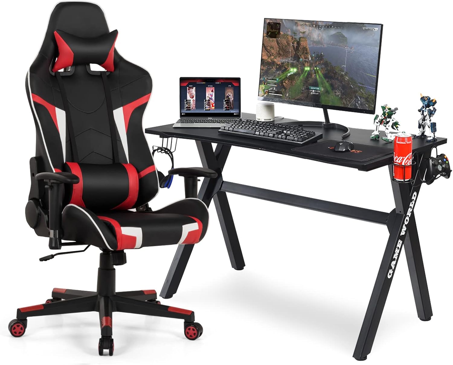 GYMAX Gaming Chair, Massage Gaming Chairs for Adults with Headrest, Lumbar Support & Armrest, Video Computer Reclining Gaming Chair, Office Desk Gamer Task Chair (Red with Black X-Shape Desk)