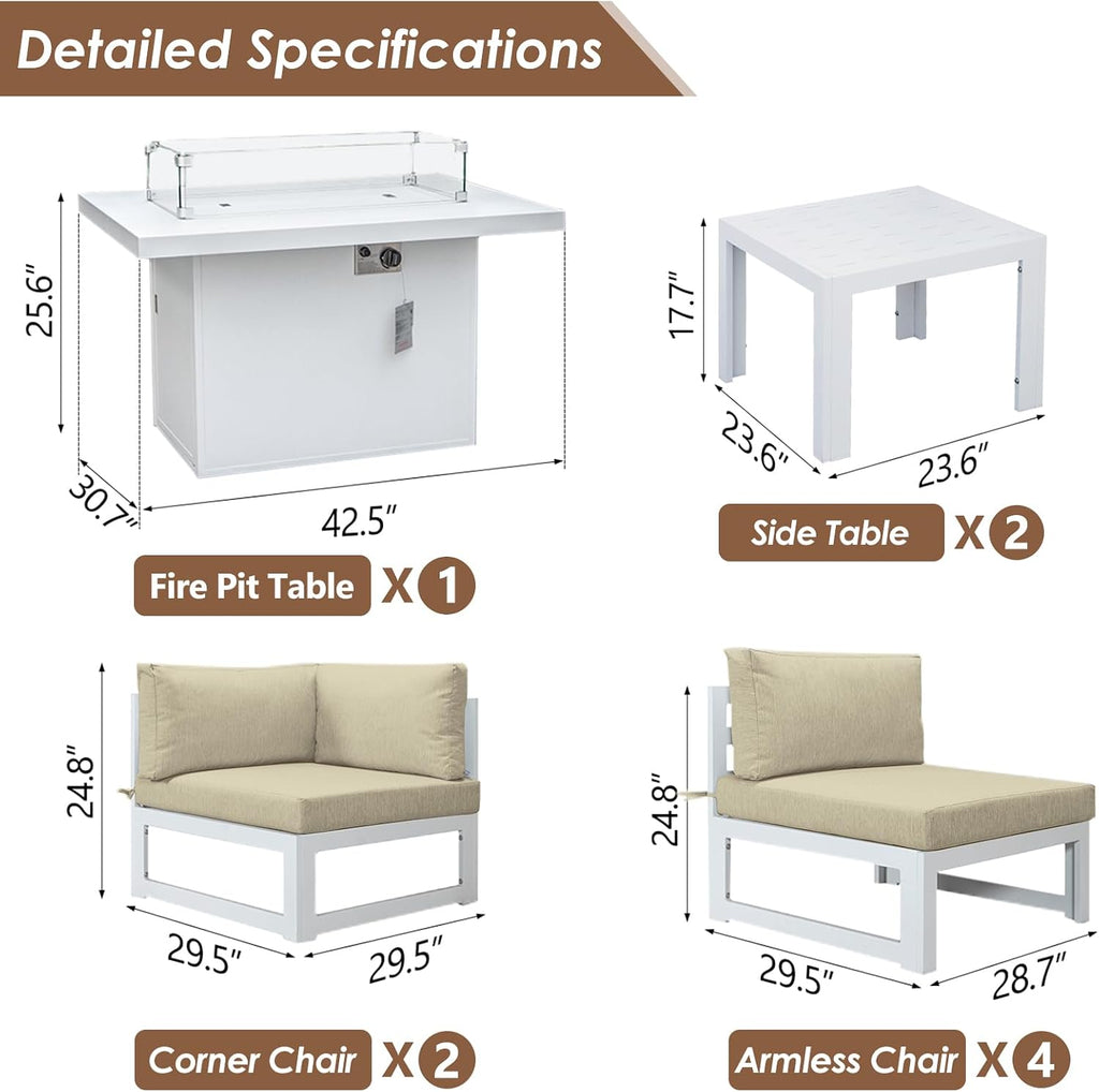 RADIATA 6 Seat Large Luxury Aluminum Patio Conversation Set with Fire Pit Table & Side Table, 29 inch Wide Deep Seated, U Shaped Sectional Couch, 500 lbs Heavy Duty Outdoor Sofa for Backyard, Beige