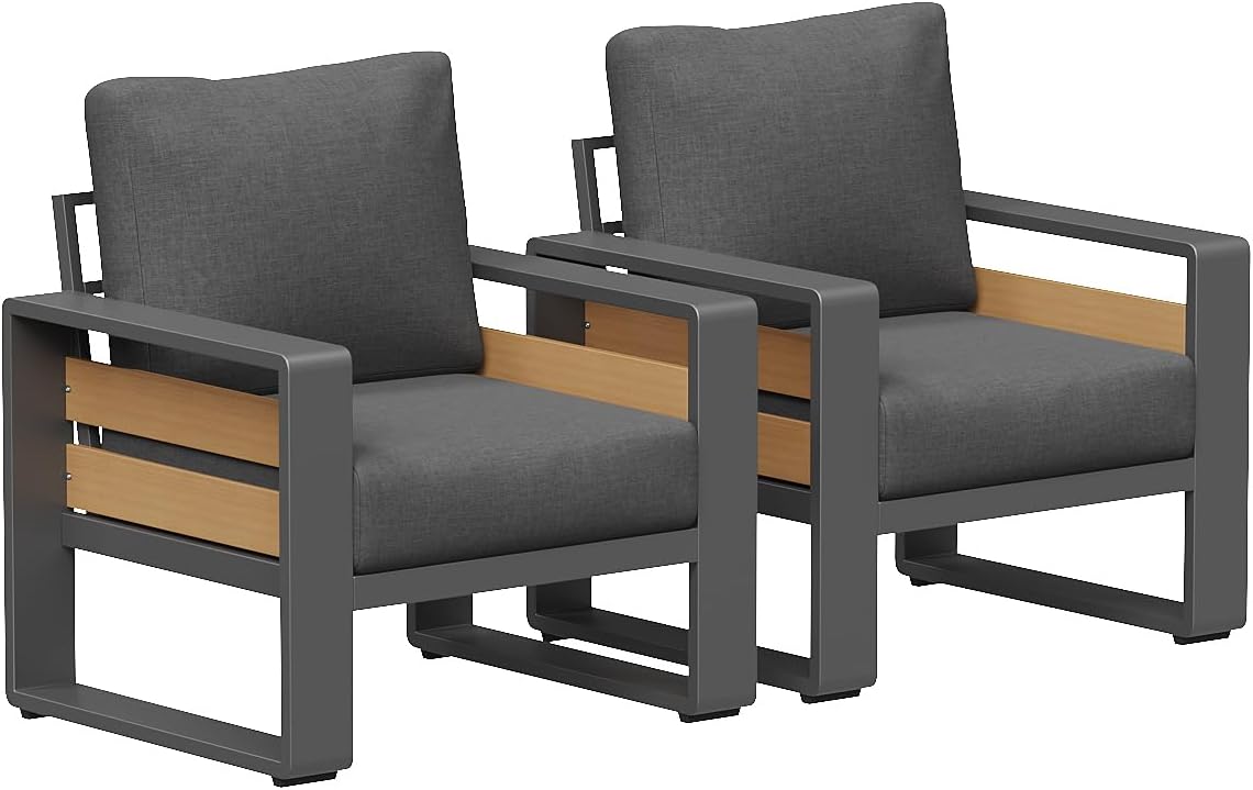 Aoxun Aluminum Outdoor Patio Furniture Set, 2 Seats Metal Sectional Patio Furniture, Modern Outside Sectional Set for Backyard, Armchair ×2, Dark Grey & Dark Grey