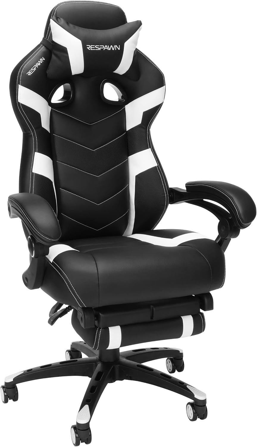Respawn 110 Pro Ergonomic Gaming Chair with Footrest for Adults - Comfortable Office Gaming Recliner with Lumbar Support and Headrest, Racing Style Video Game Chairs for Computer Gamer - White