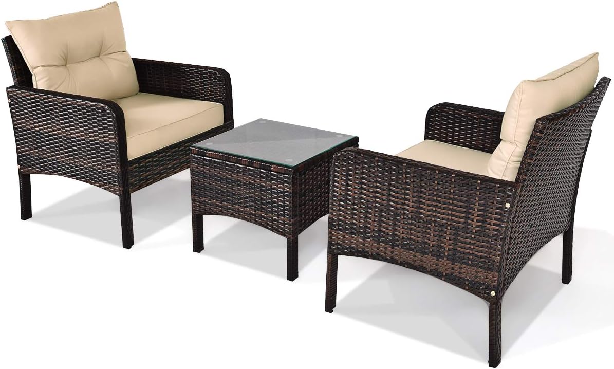 HAPPYGRILL 3 Pieces Patio Furniture Set Outdoor Rattan Wicker Coffee Table & Chairs Set with Seat Cushions Patio Conversation Set for Garden Balcony Backyard Poolside