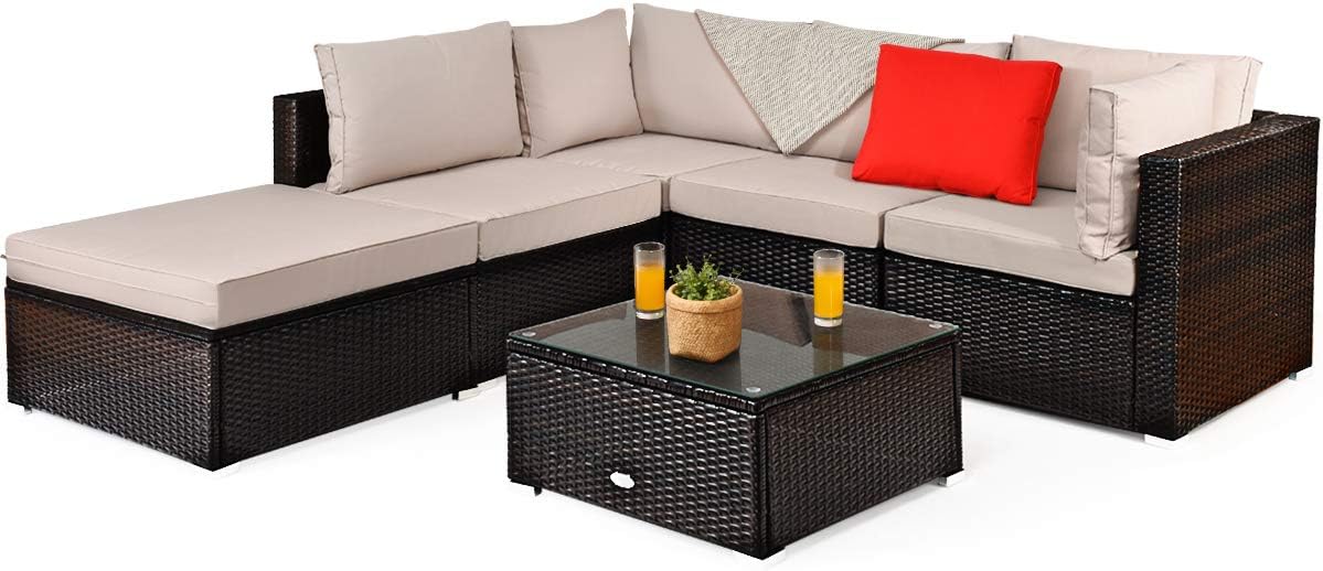Tangkula 6 Piece Patio Furniture Set, Outdoor Deck Lawn Backyard Durable Steel Frame PE Rattan Wicker Sectional Sofa Set, Conversation Set with Coffee Table (Beige)