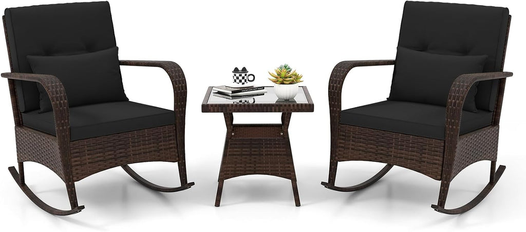 ORALNER 3 Pieces Patio Furniture Set, Outdoor Wicker Rocking Chairs with Cushions, Pillows, Glass Coffee Table, Rattan Bistro Rocker Set for Balcony Front Porch Poolside Garden Deck Yard (Black)