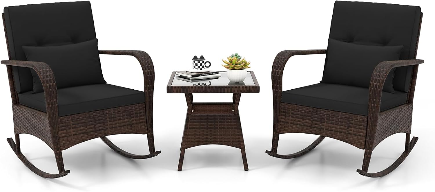 ORALNER 3 Pieces Patio Furniture Set, Outdoor Wicker Rocking Chairs with Cushions, Pillows, Glass Coffee Table, Rattan Bistro Rocker Set for Balcony Front Porch Poolside Garden Deck Yard (Black)