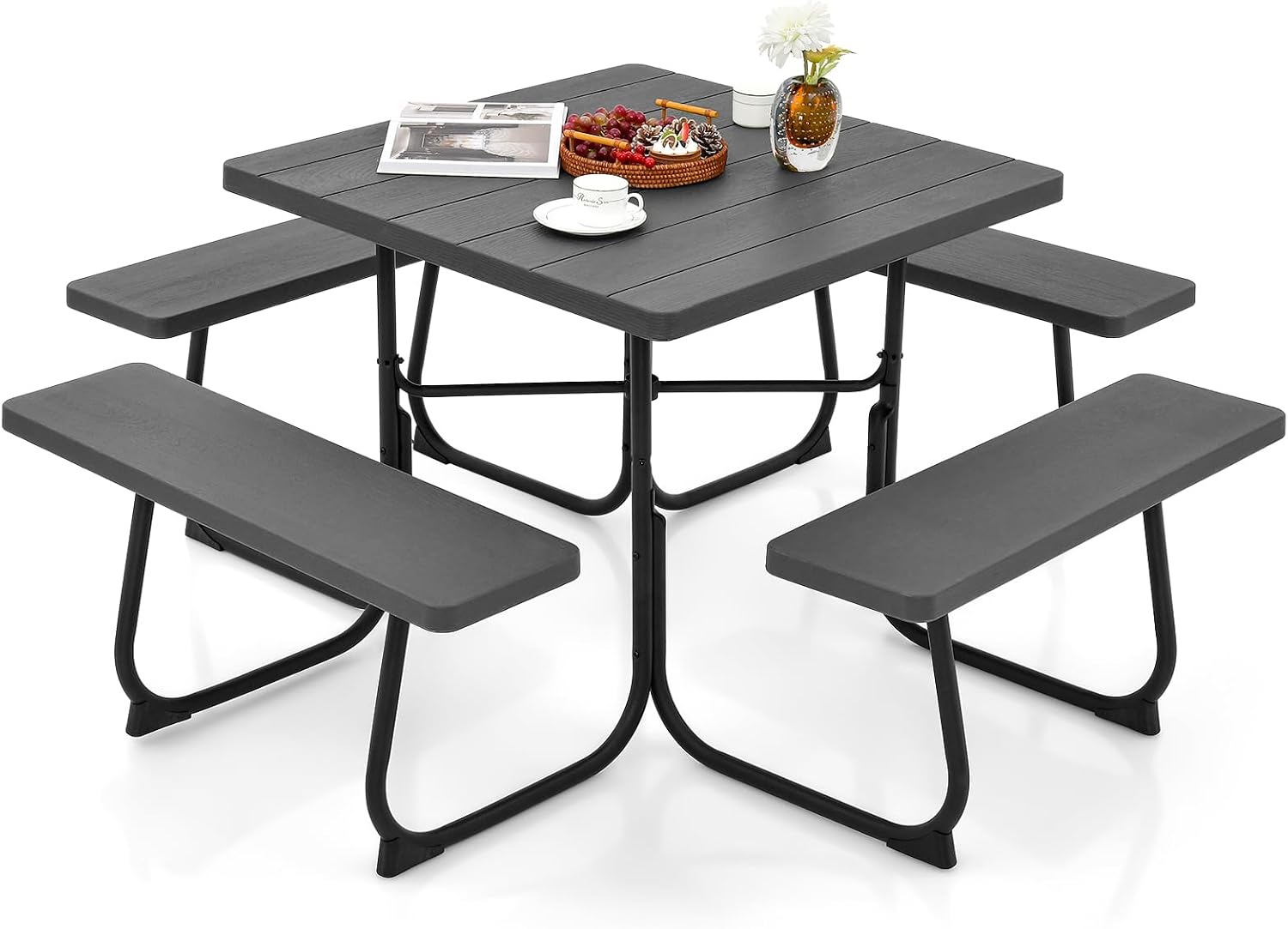 Giantex Picnic Table Bench Set for 8 Persons, Square Outdoor Table with Umbrella Hole, HDPE Top & Metal Frame, 2000LBS Capacity, Patio Table Bench Set for Deck Backyard Garden, Black