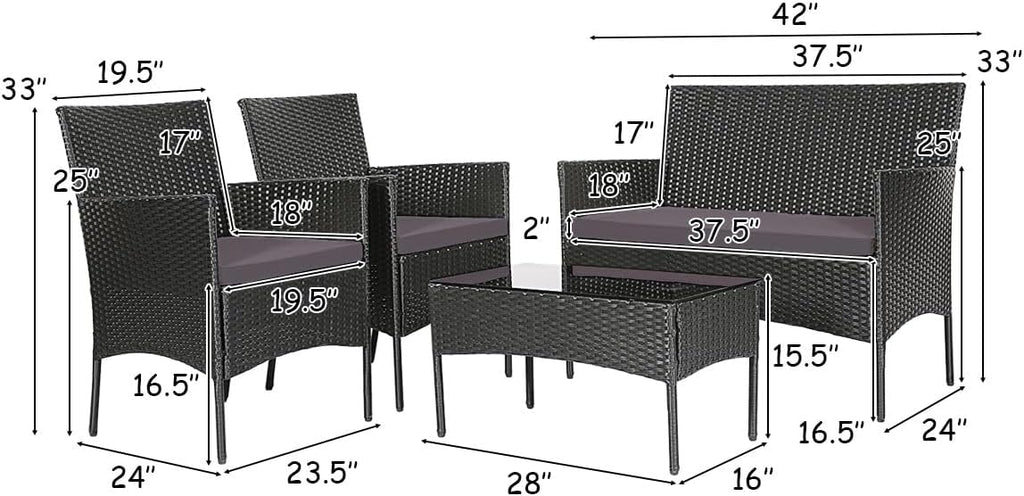 Tangkula 4 Pieces Patio Furniture Set, Outdoor Wicker Conversation Set with Tempered Glass Tabletop, Rattan Sofa and Chairs Set with Off White & Grey Cushion Covers