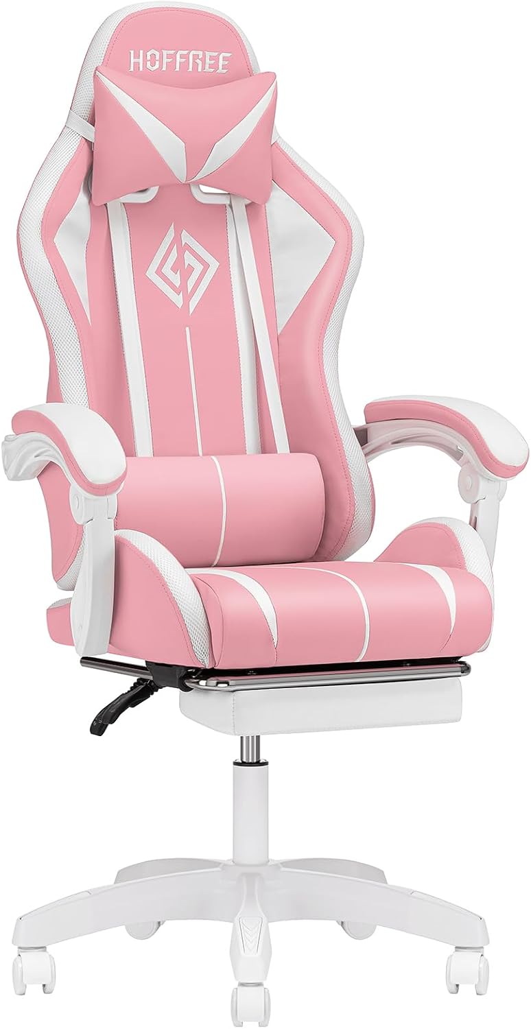 HOFFREE Pink Gaming Chair with Speakers and Led Lights Massage Video Game Chair with Footrest Reclining Computer Gaming Chair for Girls