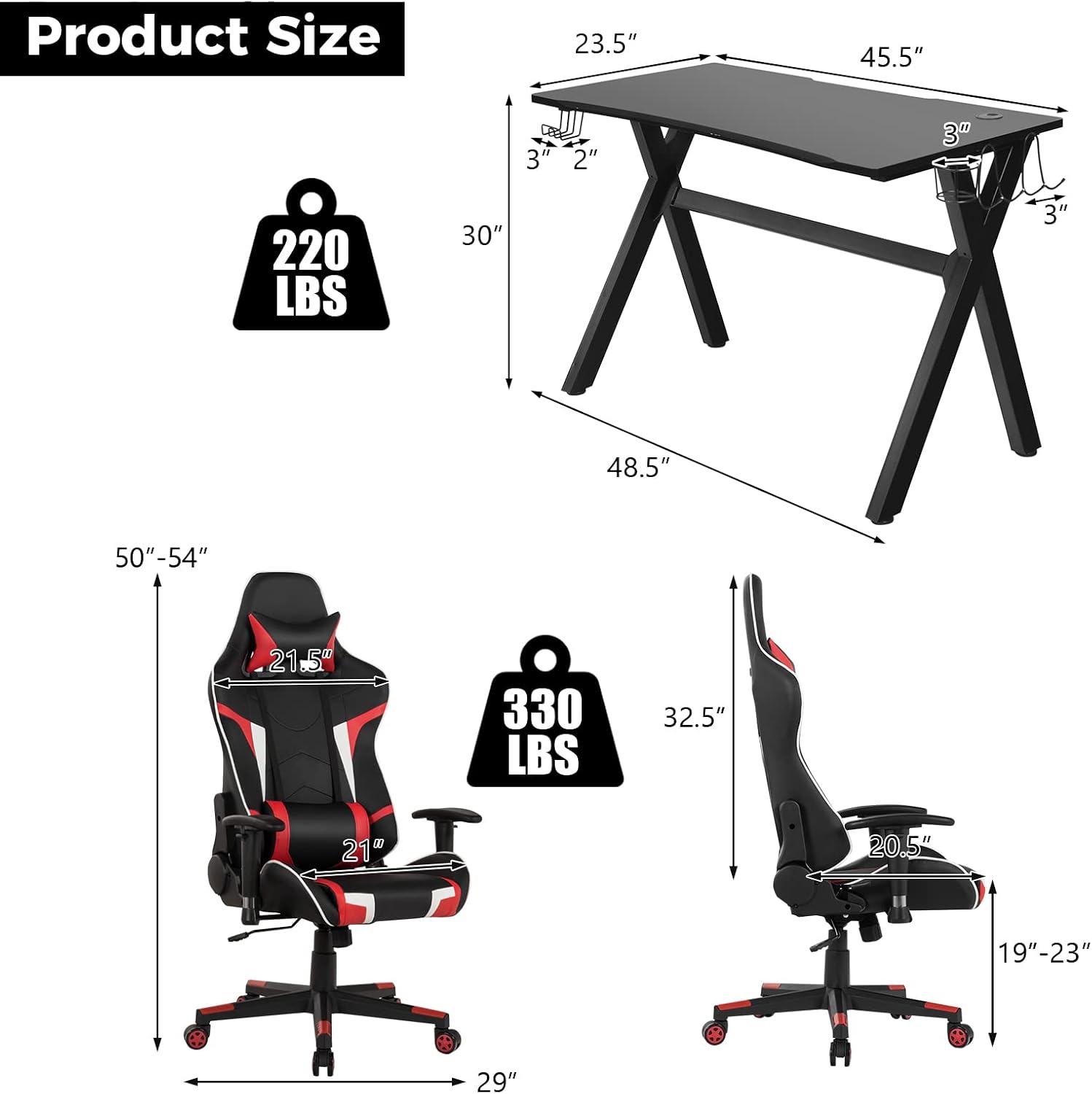 GYMAX Gaming Chair, Massage Gaming Chairs for Adults with Headrest, Lumbar Support & Armrest, Video Computer Reclining Gaming Chair, Office Desk Gamer Task Chair (Red with Black X-Shape Desk)