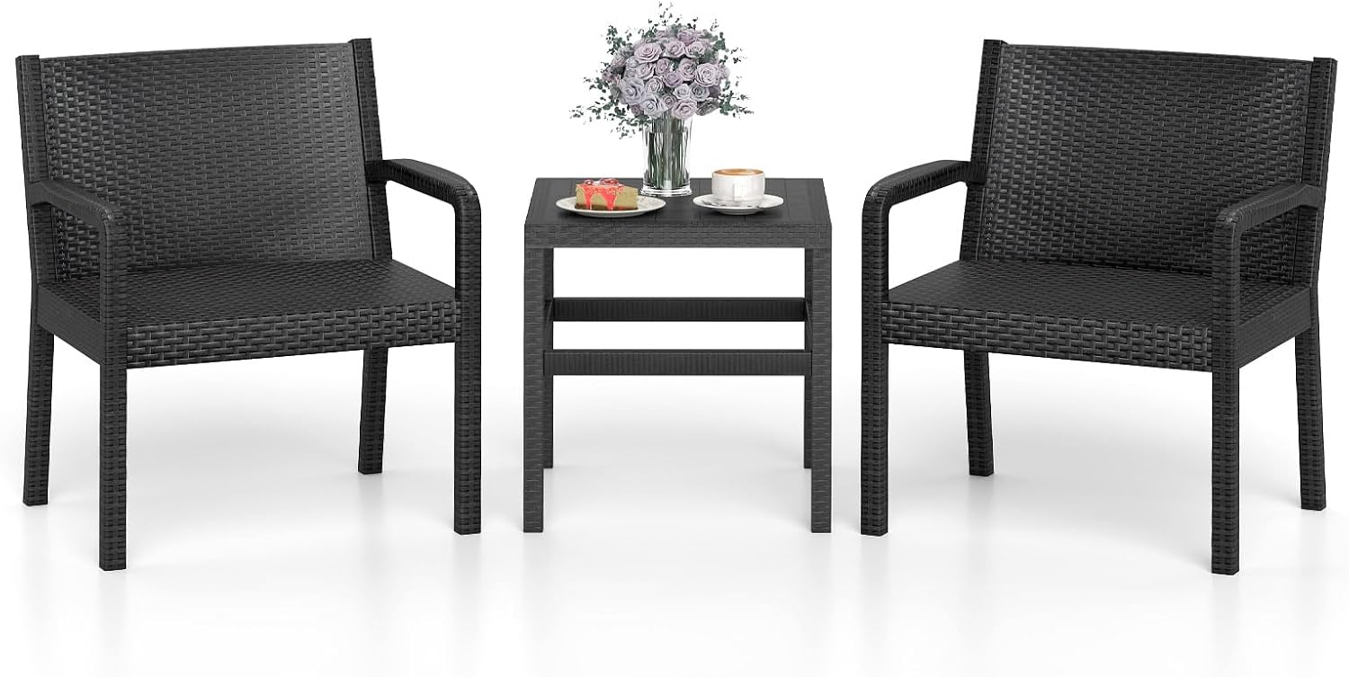 Tangkula 3 Piece Patio Furniture Set, Outdoor Wikcer Conversation Set with 2 Rattan Armchair & 25' Square Side Table, for Patio, Garden, Poolside, Bistro (Black)