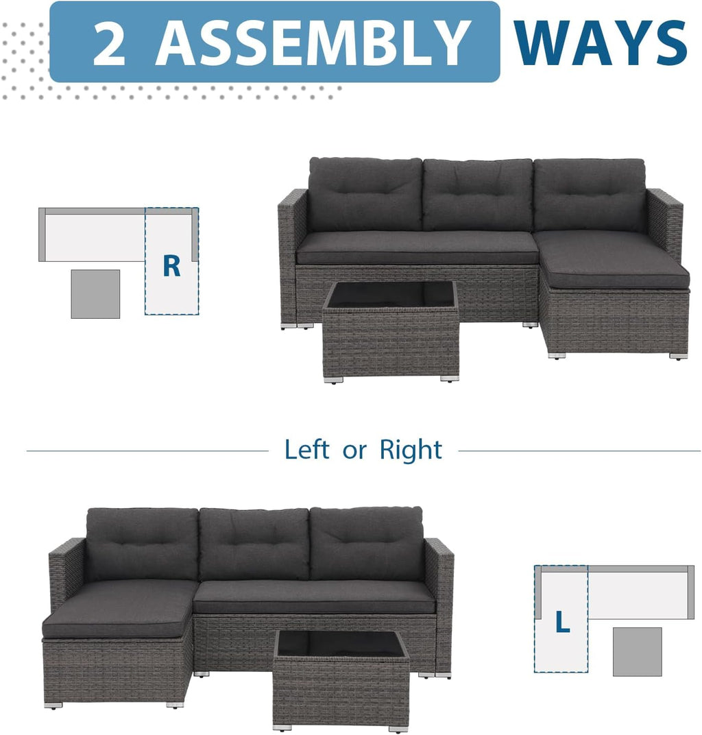 JOIVI Outdoor Patio Furniture Sets, 3-Piece All Weather Wicker Outdoor Conversation Set, Rattan Sectional Sofa Set, Patio Couch with Tempered Glass Table for Porch, Garden, Dark Gray