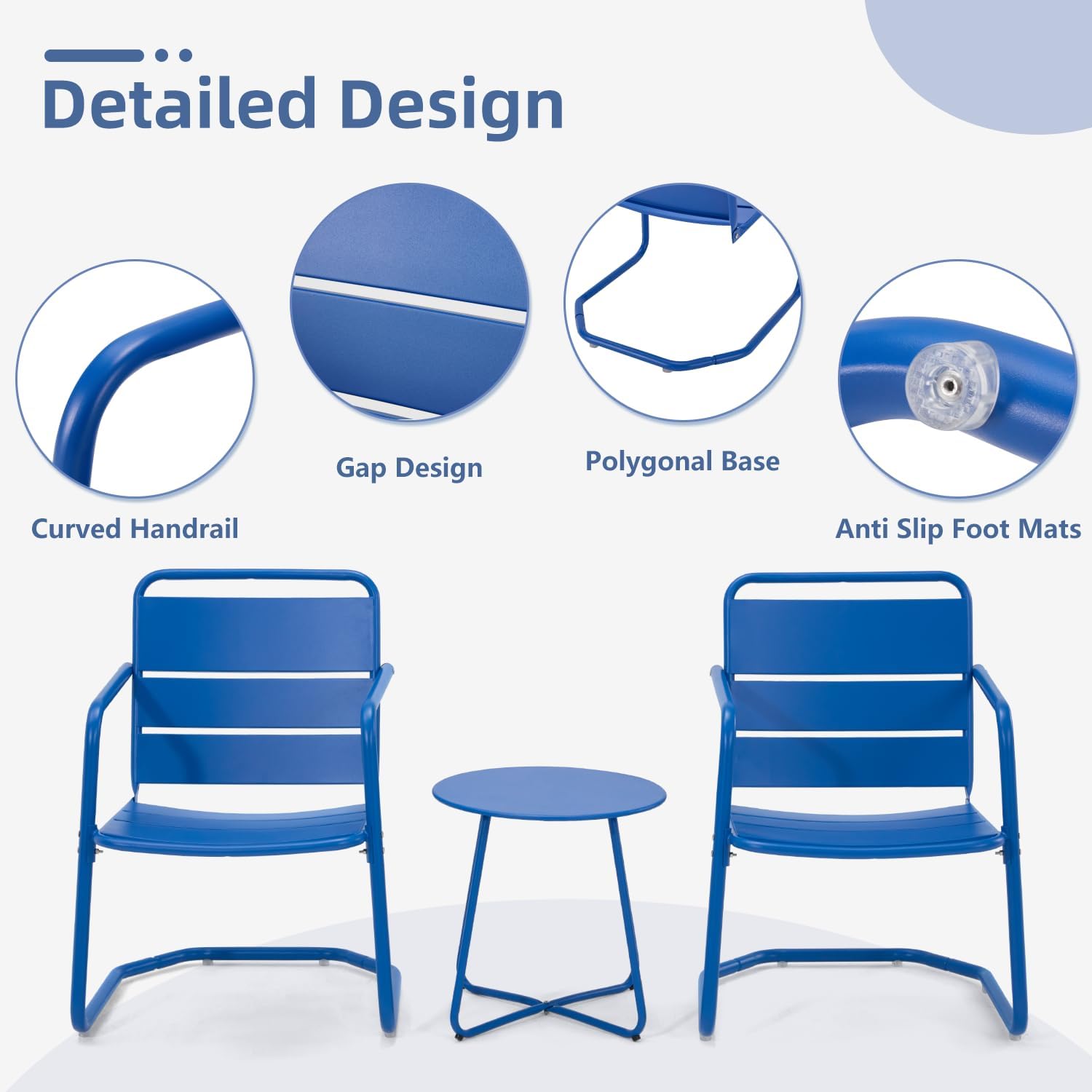 MELLCOM 3 Piece Patio Set, Small Patio Furniture Set - 2 C-Spring Metal Chairs with Round Side Table, Outdoor Bistro Set for Balcony, Front Porch, Poolside, Deck, Indoor, Blue