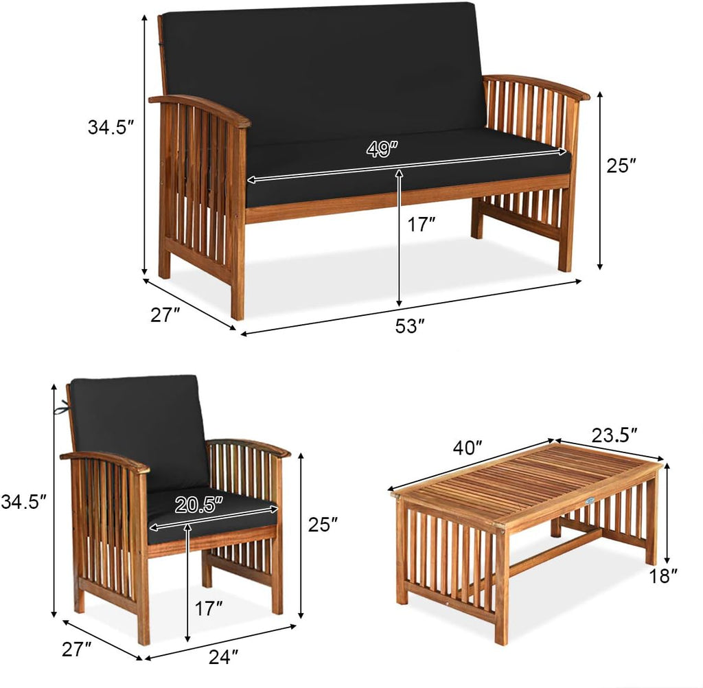 Tangkula Outdoor 4 PCS Acacia Wood Sofa Set w/Water Resistant Cushions, Padded Patio Seating Chat Set w/Coffee Table for Garden, Backyard, Poolside (1, Black)