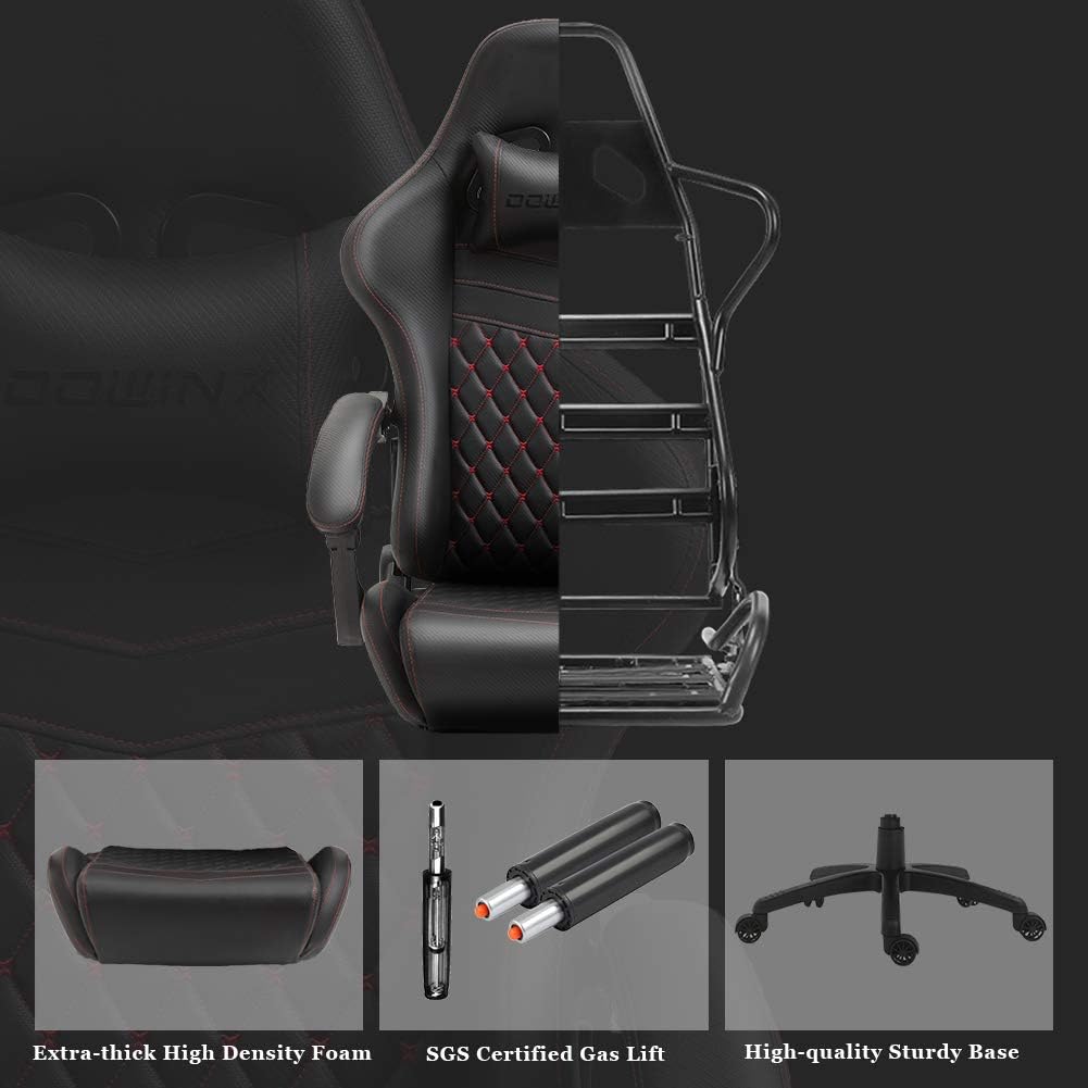 Dowinx Gaming Chair Big and Tall, Ergonomic Game Chair for Adults with Footrest and Massage Lumbar Support, High Back Computer Gamer Chair PU Leather, 350Lbs, for Office, Home, Black