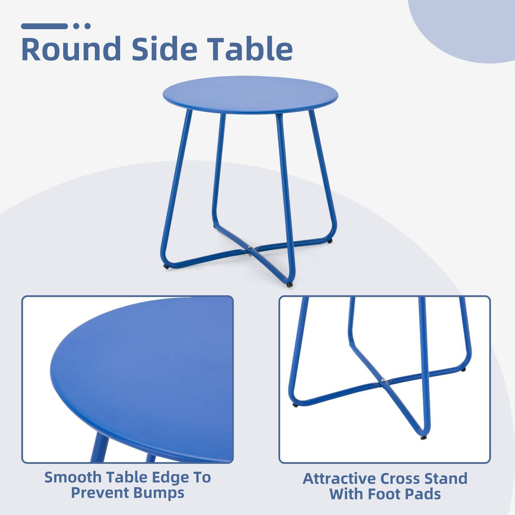 MELLCOM 3 Piece Patio Set, Small Patio Furniture Set - 2 C-Spring Metal Chairs with Round Side Table, Outdoor Bistro Set for Balcony, Front Porch, Poolside, Deck, Indoor, Blue