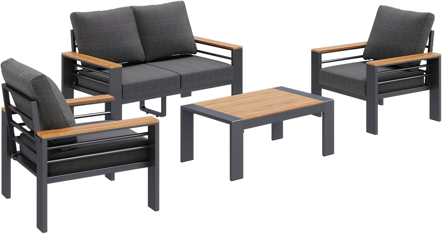 Aoxun Patio Furniture Set, 4 Piece Aluminum Patio Sets with 5' Thicken & Washable Cushion, Waterproof Outdoor Furniture with Coffee Table, Outdoor Couch Sectional for Backyard, Porch and Garden