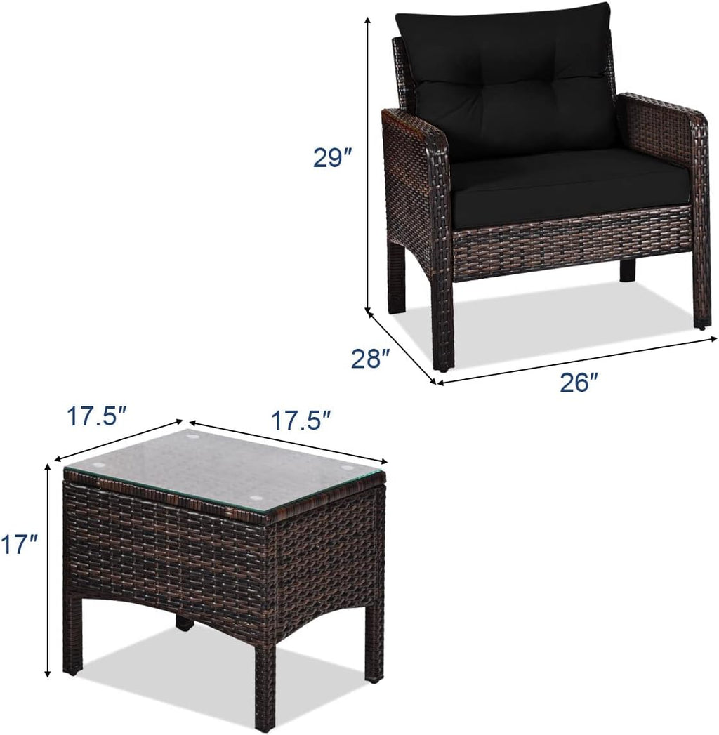 Tangkula 3 Piece Outdoor Patio Furniture Set, Wicker Chairs Set with Glass Top Coffee Table, Thick Cushions, All Weather Garden Lawn Poolside Backyard Porch Furniture Set for 2 (Black)