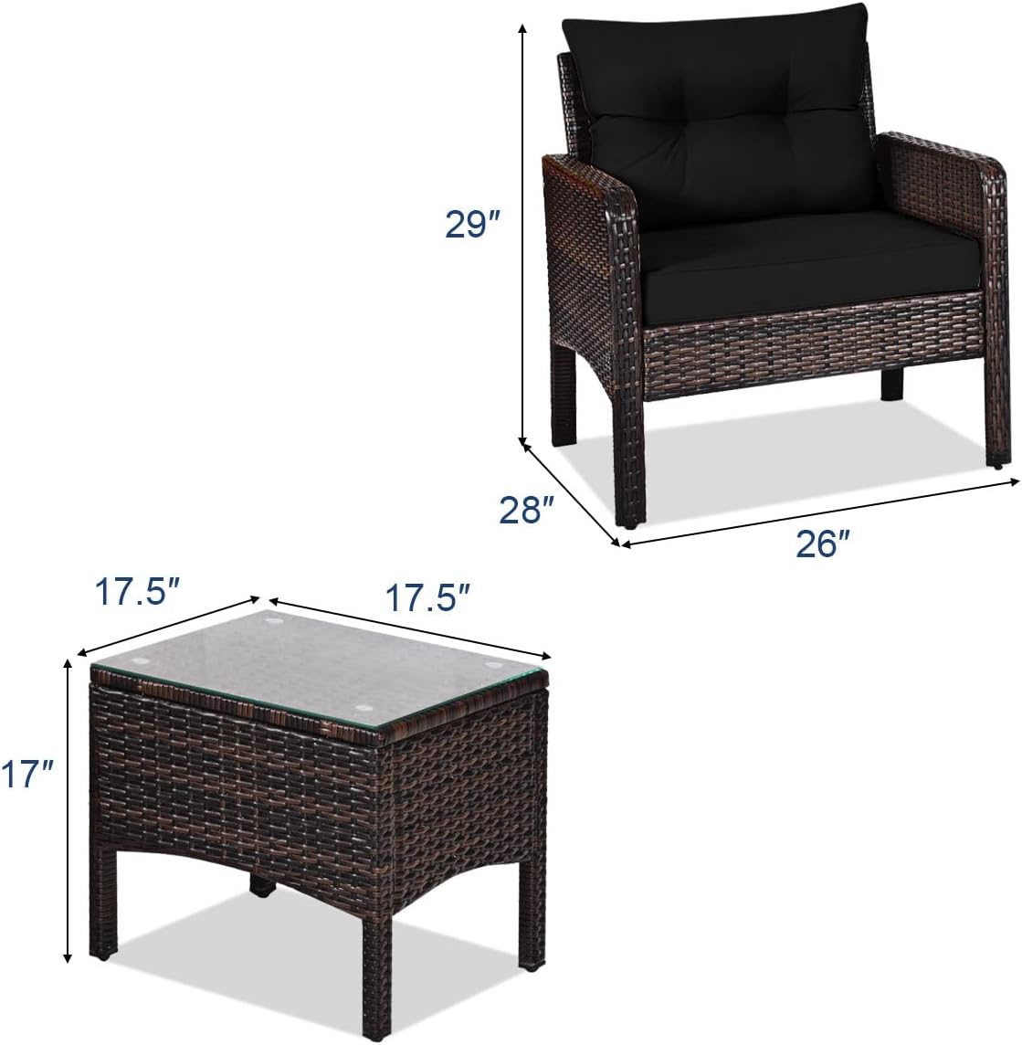 Tangkula 3 Piece Outdoor Patio Furniture Set, Wicker Chairs Set with Glass Top Coffee Table, Thick Cushions, All Weather Garden Lawn Poolside Backyard Porch Furniture Set for 2 (Black)