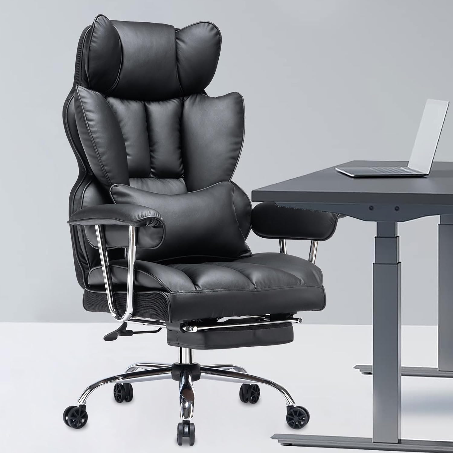 Efomao Big & Tall Office Chair with Footrest, High-Back Leather Executive Desk Chair with Lumbar Support and Padded Armrests, Black